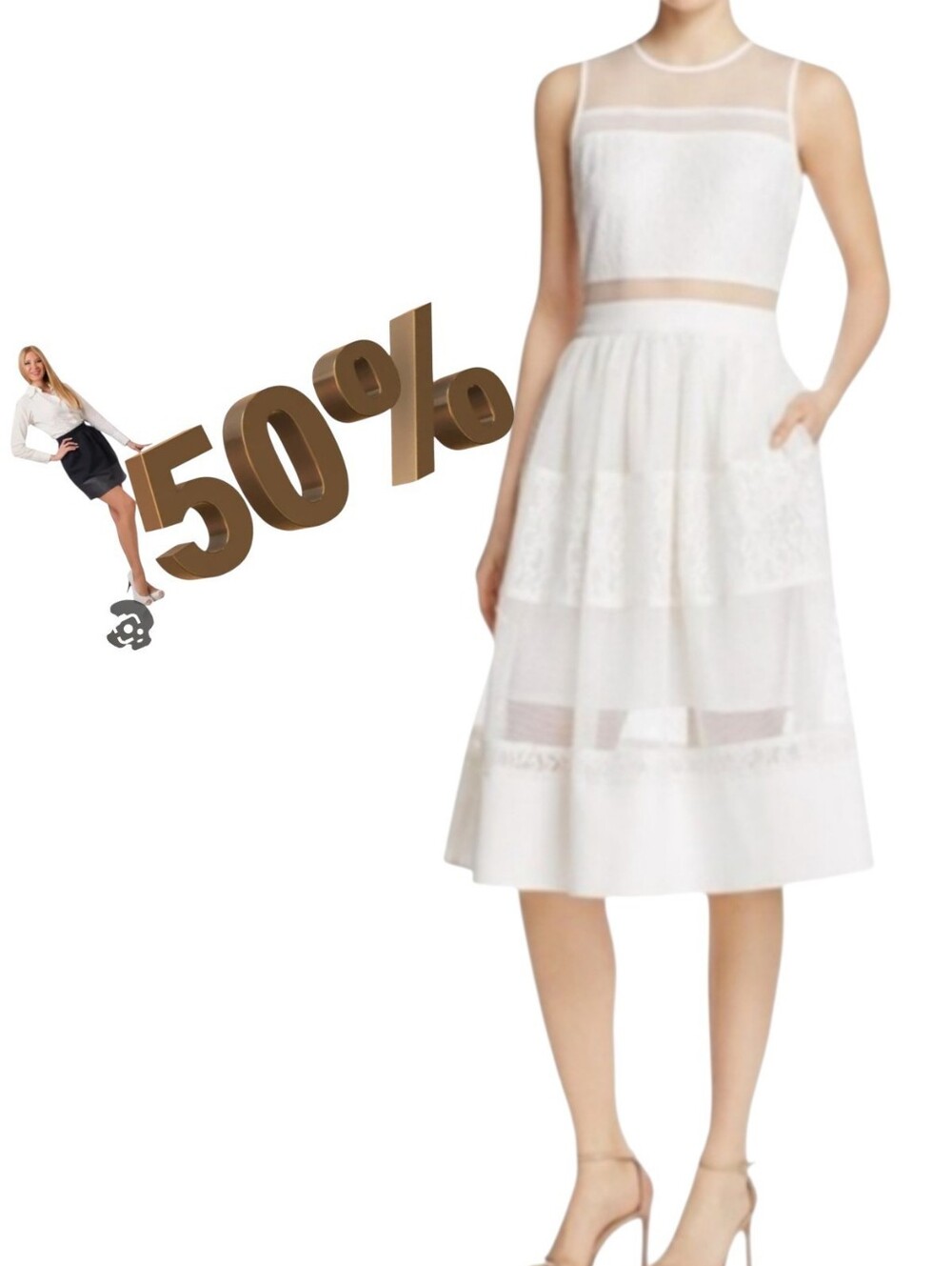 AQUA White Lace Cocktail Midi Dress Mesh Waist Eyelet Pockets Crochet